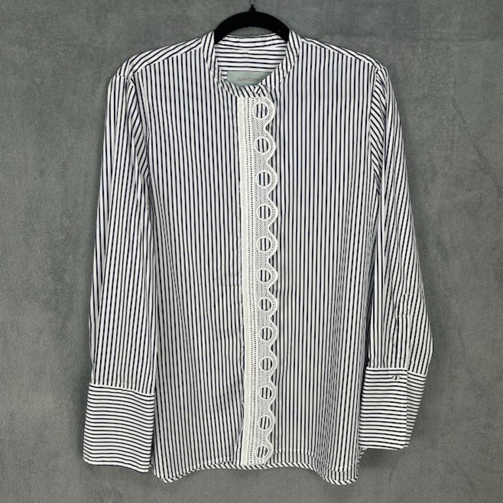 Silvia Tcherassi Top Women Large Cubillos Navy Stripes Long Sleeve Button Luxury